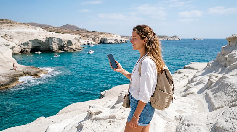 Tourist using an eSIM in Milos near Sarakiniko Beach and the Aegean Sea