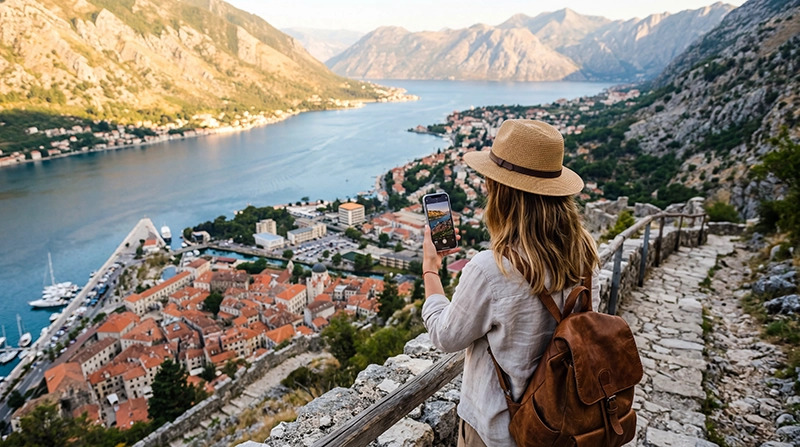 Traveler using an eSIM while exploring Kotor Bay in Montenegro