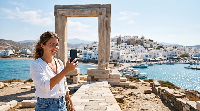 Tourist using an eSIM in Naxos near the Portara and Aegean Sea