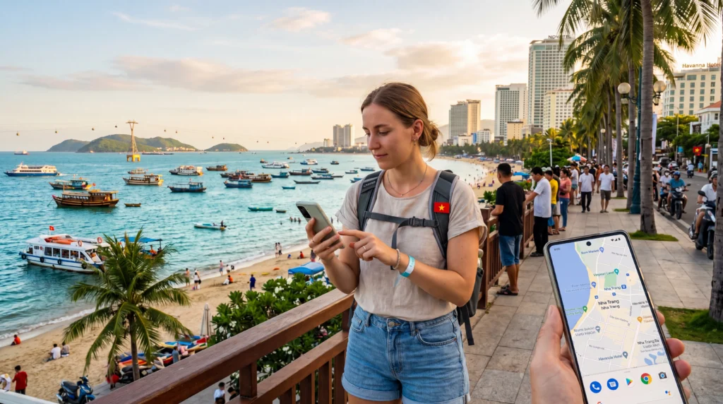 Traveler using eSIM mobile internet while exploring Nha Trang beach and city in Vietnam