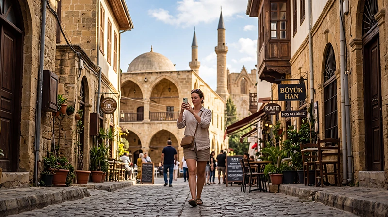 Traveler using an eSIM for mobile internet while visiting North Nicosia in North Cyprus