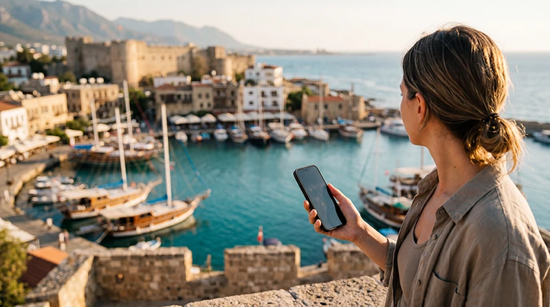 Traveler using an eSIM for mobile internet in North Cyprus overlooking Kyrenia Harbour