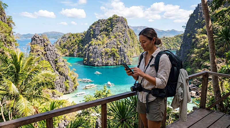 Traveler using a Philippines eSIM while exploring the lagoons and islands of Palawan