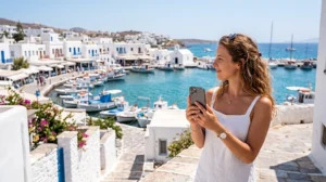 Tourist using an eSIM in Paros near Naoussa harbor and the Aegean Sea