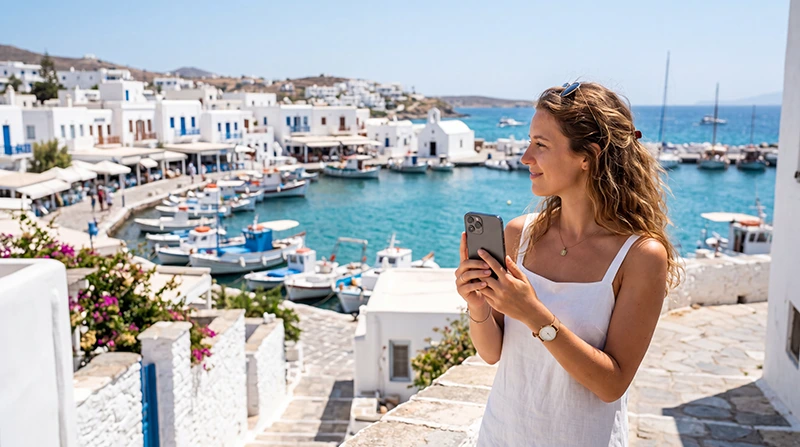 Tourist using an eSIM in Paros near Naoussa harbor and the Aegean Sea