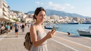 Tourist using an eSIM in Patras near the waterfront and Gulf of Patras