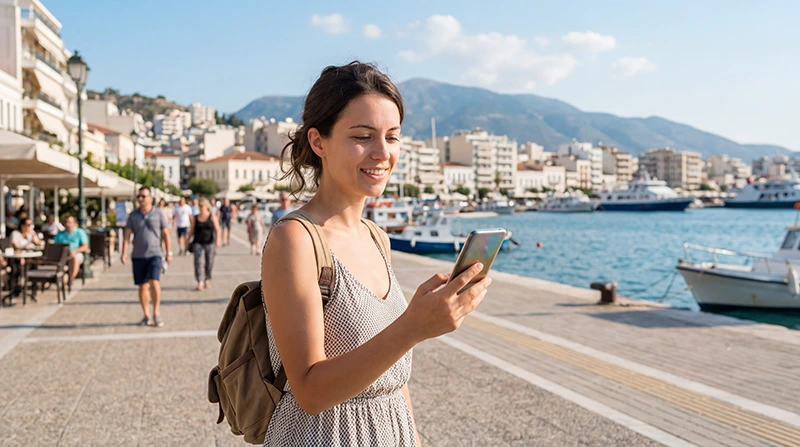 Tourist using an eSIM in Patras near the waterfront and Gulf of Patras