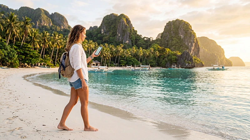 Traveler using Philippines eSIM mobile data while exploring tropical islands and beaches in the Philippines