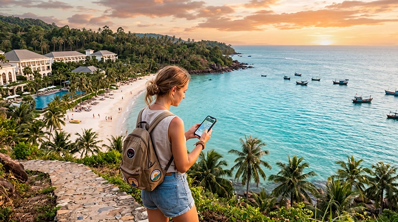 Traveler using eSIM mobile internet while exploring Phu Quoc Island in Vietnam