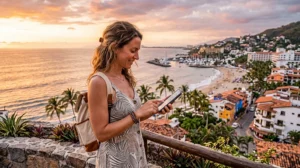 Traveler activating an eSIM on a smartphone while enjoying the Puerto Vallarta coastline in Mexico