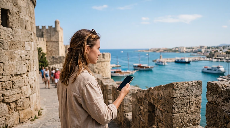 Tourist using an eSIM in Rhodes near the medieval Old Town and Aegean Sea