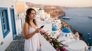 Tourist using an eSIM in Santorini with white houses, blue domes and the Aegean Sea in the background