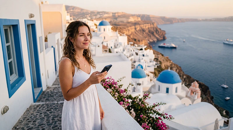 Tourist using an eSIM in Santorini with white houses, blue domes and the Aegean Sea in the background