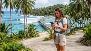 Traveler using a Philippines eSIM while exploring Siargao Island and Cloud 9 surf area