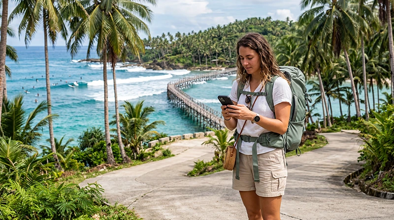 Traveler using a Philippines eSIM while exploring Siargao Island and Cloud 9 surf area