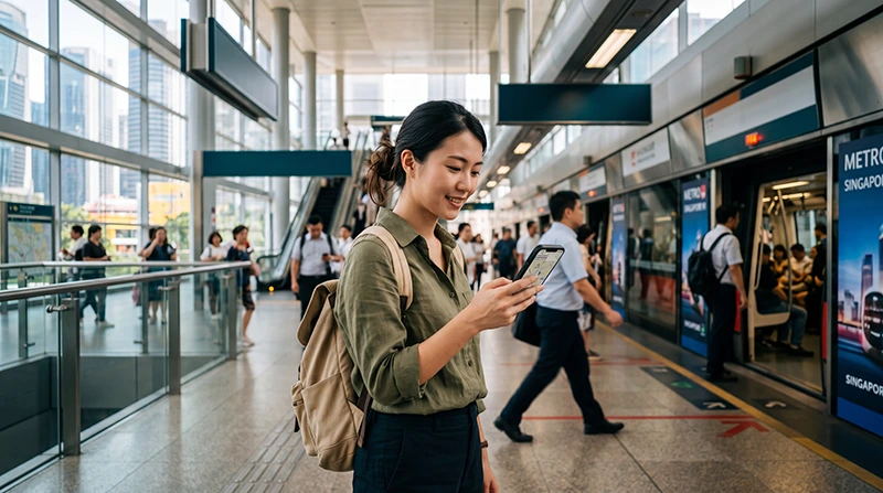 Tourist using Singapore eSIM during a Singapore trip for maps, MRT, Grab and travel apps