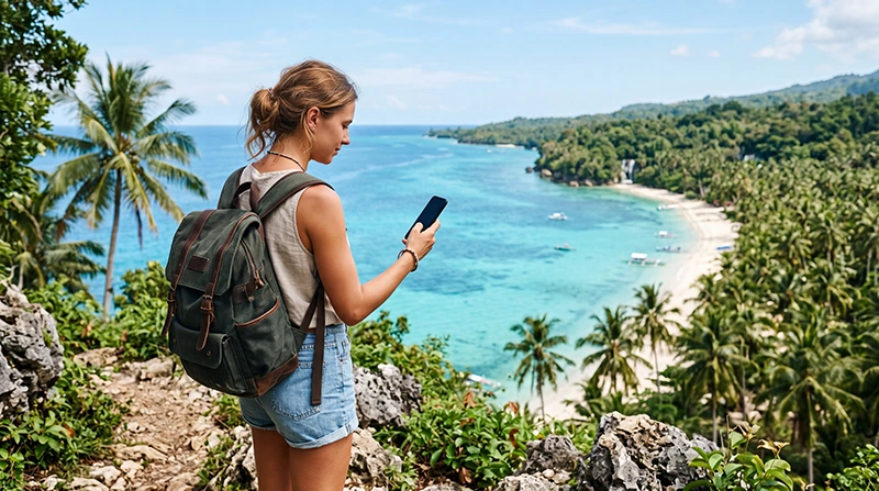Traveler using a Philippines eSIM while exploring Siquijor Island beaches and waterfalls