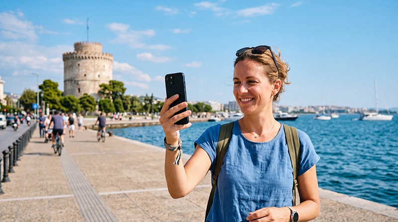 Tourist using an eSIM in Thessaloniki near the White Tower and waterfront