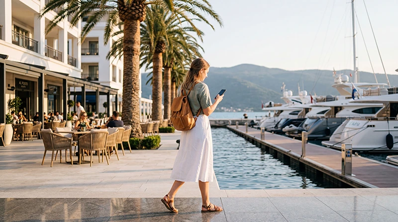 Traveler using an eSIM while exploring Tivat and Porto Montenegro