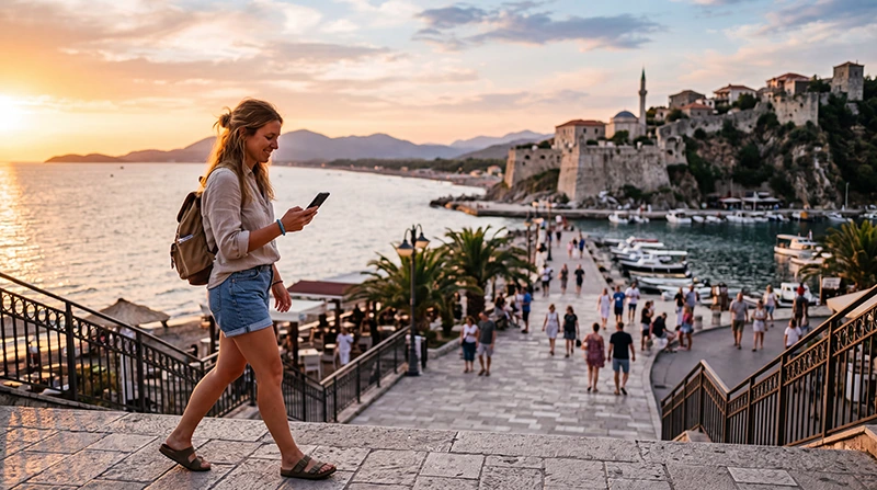 Traveler using an eSIM while exploring Ulcinj in Montenegro