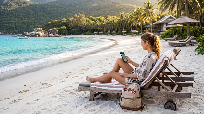 Traveler using eSIM mobile internet while relaxing on a tropical beach in Vietnam