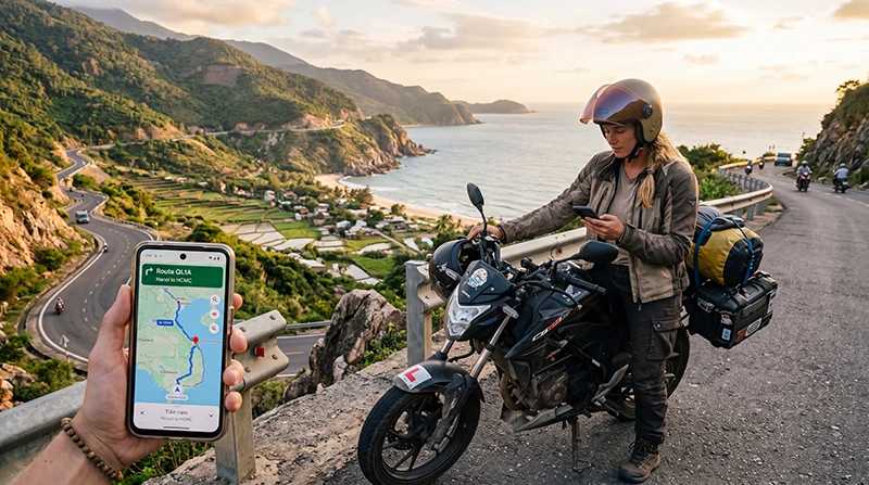 Traveler using eSIM mobile internet during a road trip across Vietnam