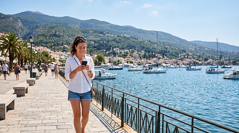 Tourist using an eSIM in Volos along the waterfront with Mount Pelion in the background