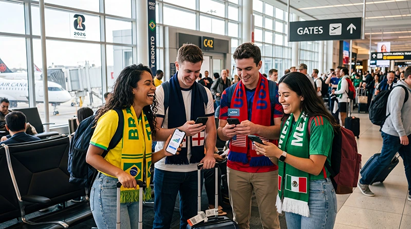 Football fans using eSIM mobile data while traveling during World Cup 2026