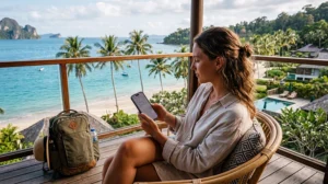 Traveler using an eSIM while enjoying a beach view in Langkawi Malaysia