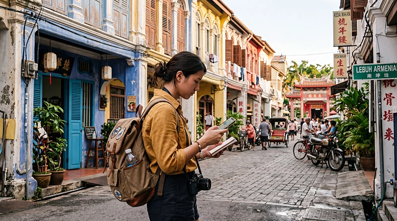 Traveler using an eSIM while exploring George Town in Penang Malaysia