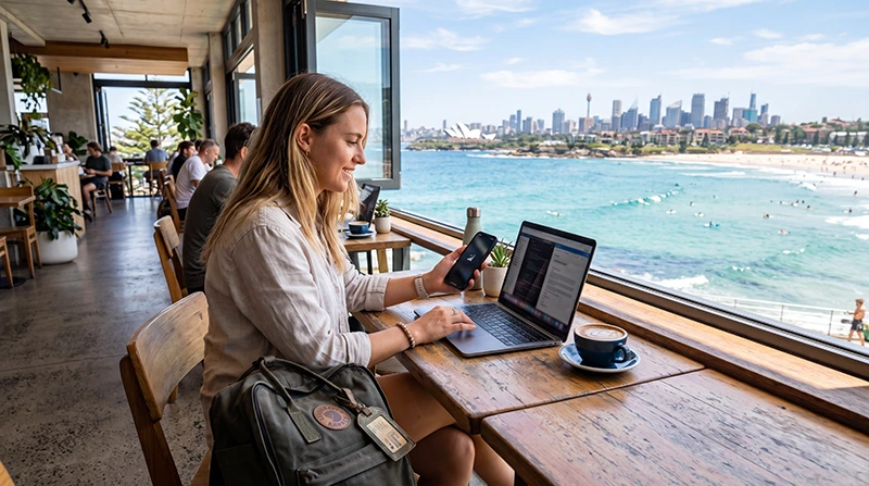 Digital nomad using reliable internet while working remotely in Australia