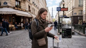 Traveler choosing the best internet option in France with eSIM mobile data