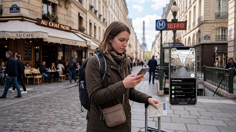 Traveler choosing the best internet option in France with eSIM mobile data