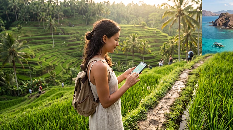 Traveler using mobile internet on a smartphone while exploring Indonesia including Bali, Lombok and Komodo Islands