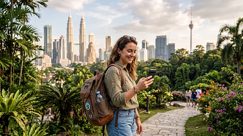 Traveler using mobile internet while exploring Malaysia during a trip