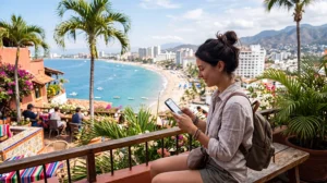 Traveler using smartphone with reliable internet connection while exploring Mexico