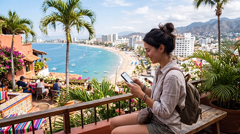 Traveler using smartphone with reliable internet connection while exploring Mexico