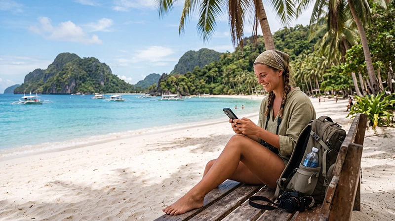 Traveler using the best internet option in the Philippines while exploring tropical islands and beaches