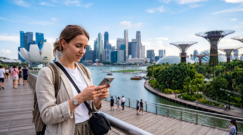 Traveler using the best internet option in Singapore with eSIM for maps, Grab, MRT and travel apps