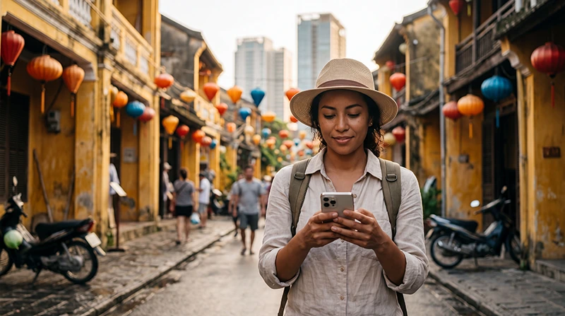 Traveler using the best internet option while exploring Vietnam
