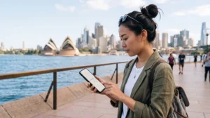 Traveler using mobile data on a smartphone while exploring Australia
