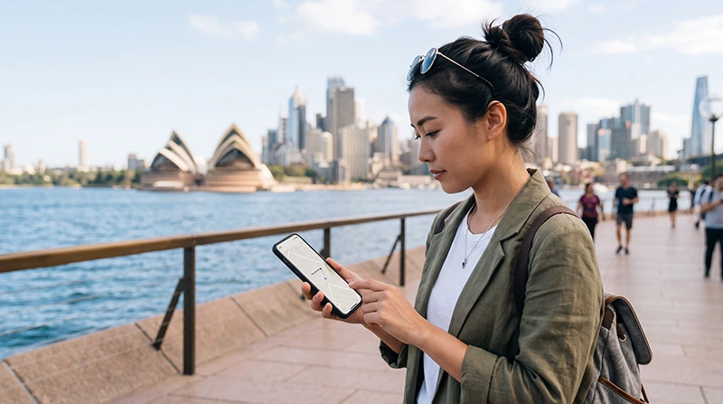 Traveler using mobile data on a smartphone while exploring Australia