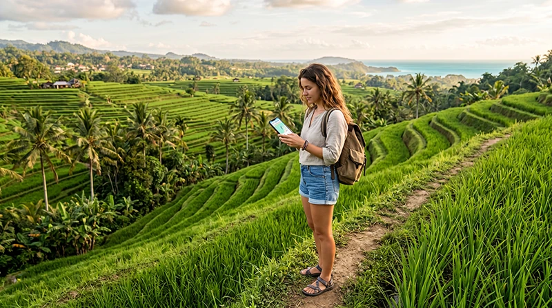 Traveler using mobile data on a smartphone while exploring Indonesia including Bali, Lombok and Komodo Islands