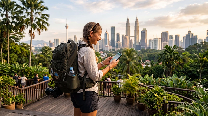 Traveler using mobile data while exploring Malaysia with a smartphone