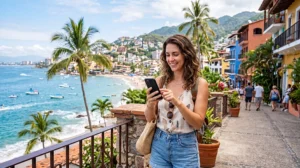 Traveler using smartphone with fast mobile data while exploring Mexico