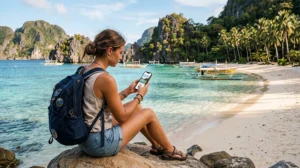 Traveler using high-speed mobile data on a smartphone while exploring the Philippines