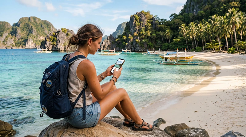 Traveler using high-speed mobile data on a smartphone while exploring the Philippines