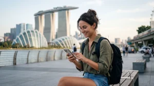 Tourist using the best mobile data in Singapore with eSIM for maps, Grab, MRT and travel apps