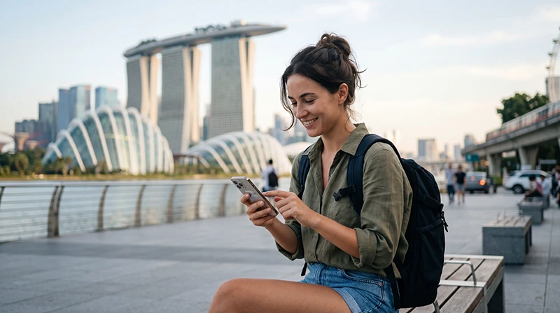 Tourist using the best mobile data in Singapore with eSIM for maps, Grab, MRT and travel apps