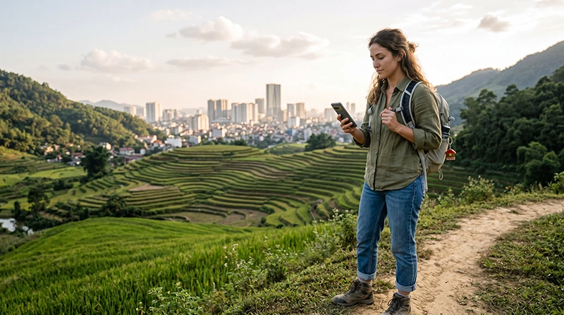 Traveler using mobile data and eSIM while exploring Vietnam